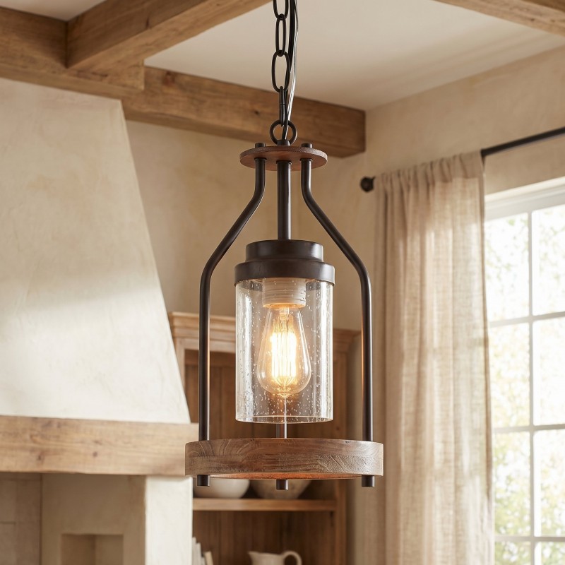 Doran Farmhouse Black Cage Cylinder Glass Pendant Light