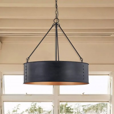 Quillan Industrial Large Black Drum Pendant Light For Dining Room