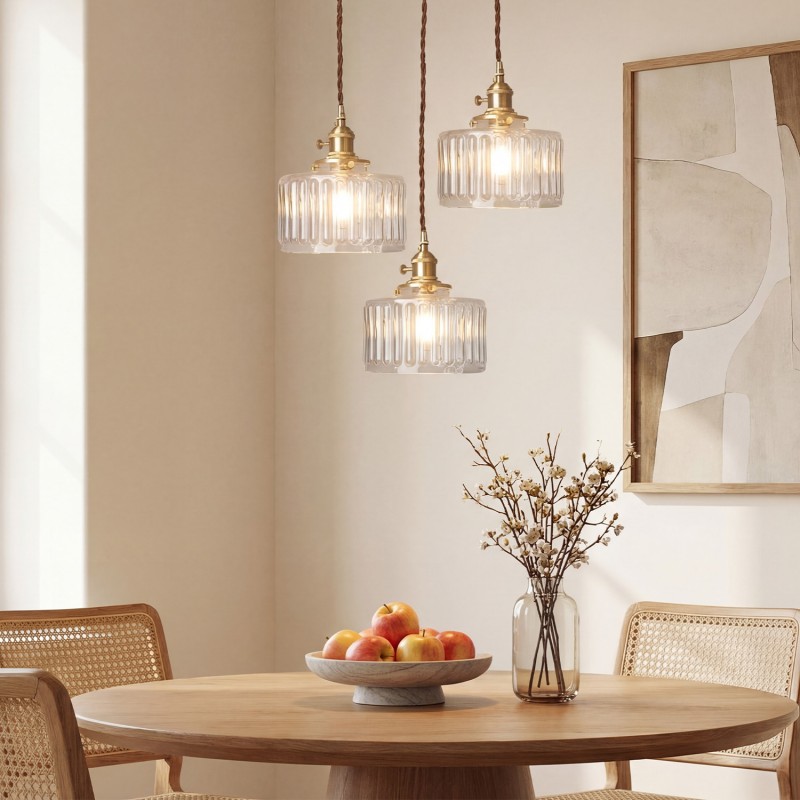 Zavier Vintage Cylinder Wave Pattern Glass Shade Pendant Chandelier