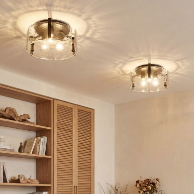 Ozu Modern Water Ripple Glass Drum Flush Mount Light