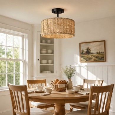 Lannister Coastal 2-Light Semi-Flush Mount Ceiling Light with Hand Woven Drum Shade for Bedroom