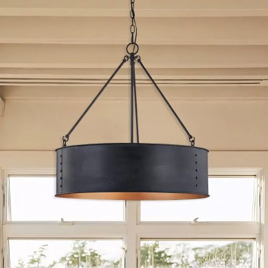Quillan Industrial Large Black Drum Pendant Light For Dining Room