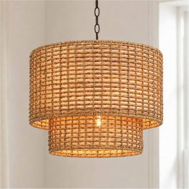 Harland Beachy Natural Rattan Double Drum Pendant Light