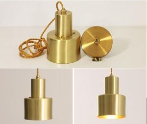 Close-up detail collage of Brass Pendant Light shade, canopy, cord, and illuminated underside