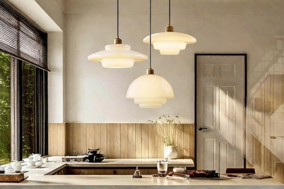Milk glass pendants dining room scene