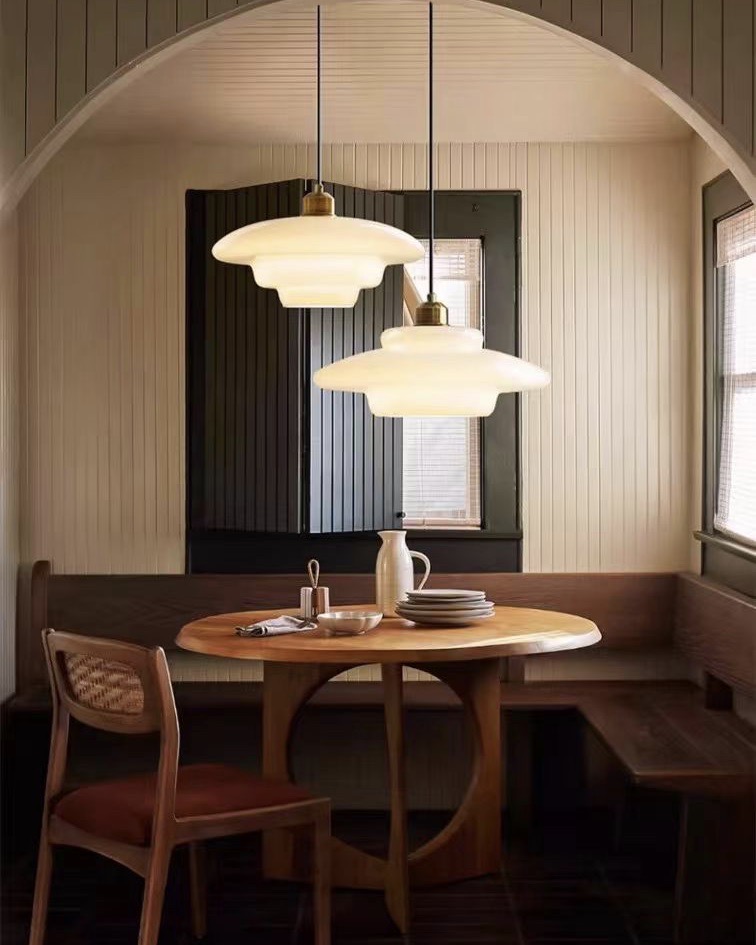 Milk glass pendant restaurant scene