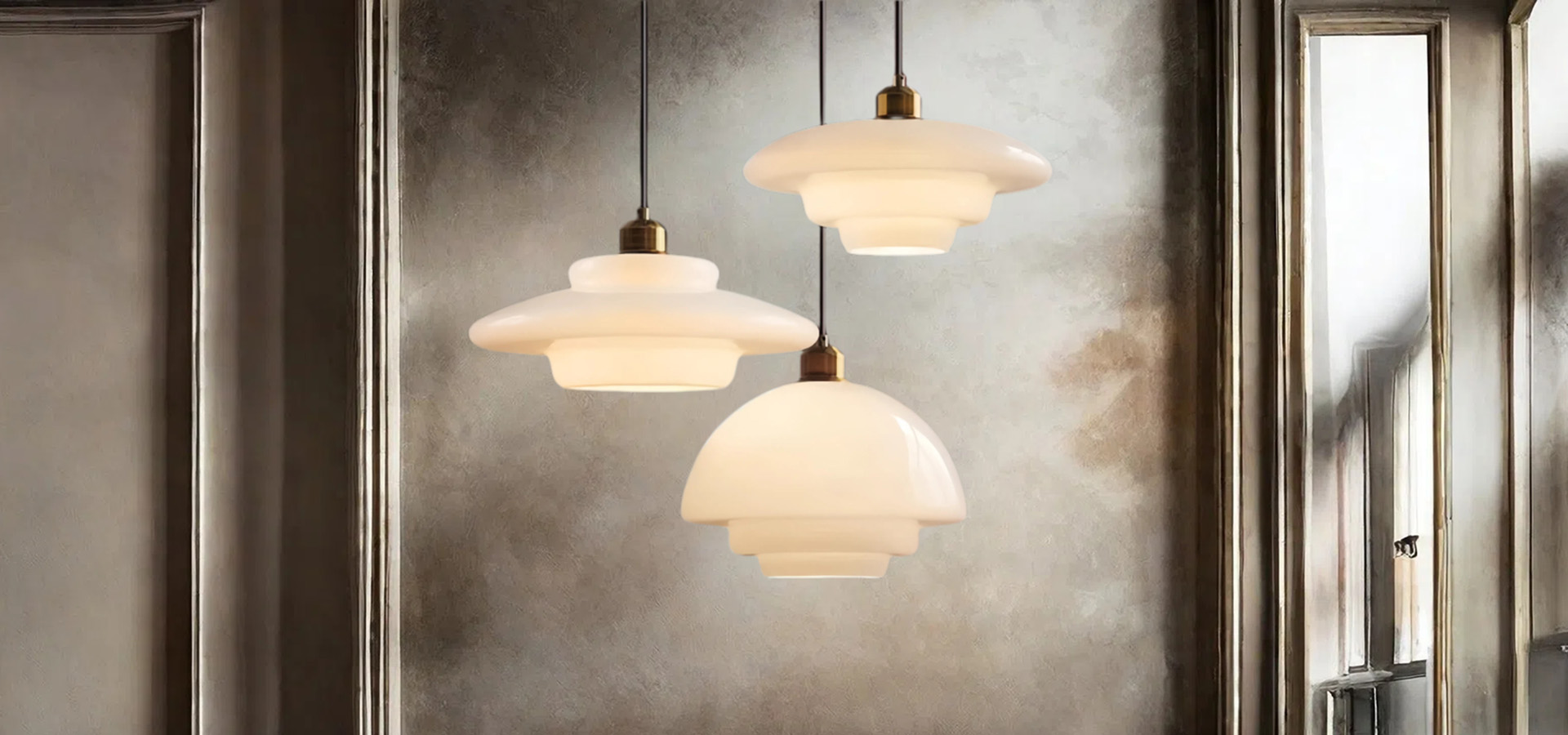 Milk white glass pendant lamps in an artistic room