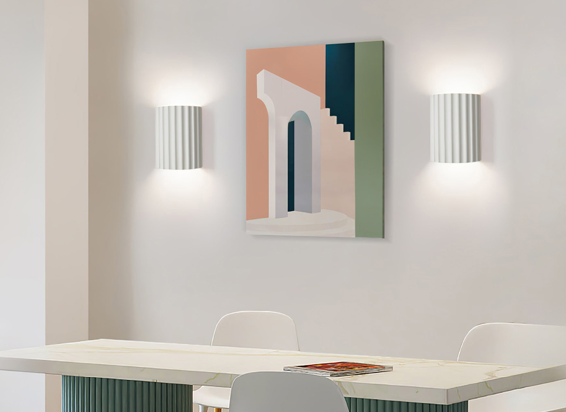 White fluted wall lamps scene