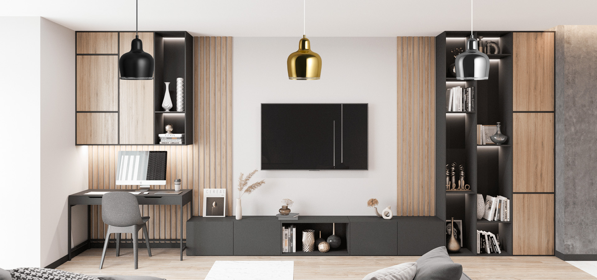 Lampa wisząca Golden Bell w nowoczesnym pokoju