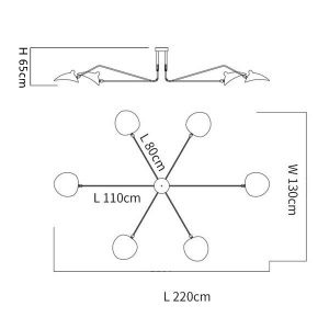 6 heads size: Dia 220 cm x H 65 cm / ∅ 86.6" x H 25.6 ″