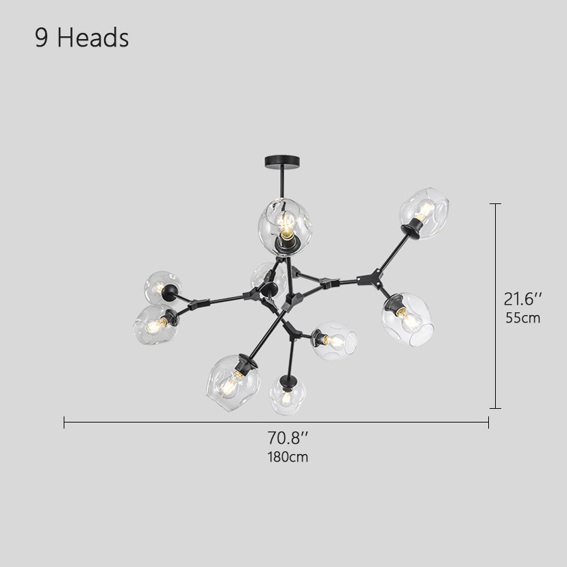9 heads: ∅ 70.8″ x H 21.6″ /Dia 180 cm x H 55 cm