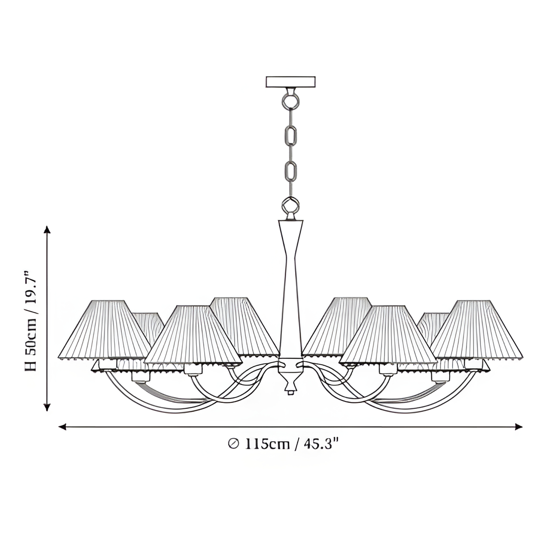 8 Heads: ∅ 45.3″ x H 19.7″ / Dia 115 cm x H 50 cm
