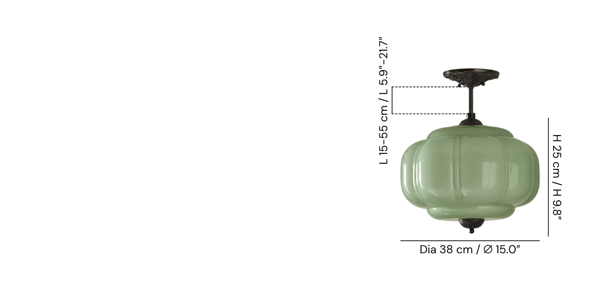Product size — -Lamp body: Dia 38 cm x H 25 cm / ∅ 15.0″ x H 9.8″ -Lamp pole: L 15-55 cm / L 5.9″-21.7″ (Height-adjustable light pole)