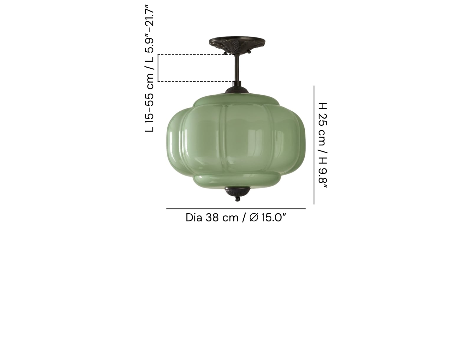 Product size — -Lamp body: Dia 38 cm x H 25 cm / ∅ 15.0″ x H 9.8″ -Lamp pole: L 15-55 cm / L 5.9″-21.7″ (Height-adjustable light pole)