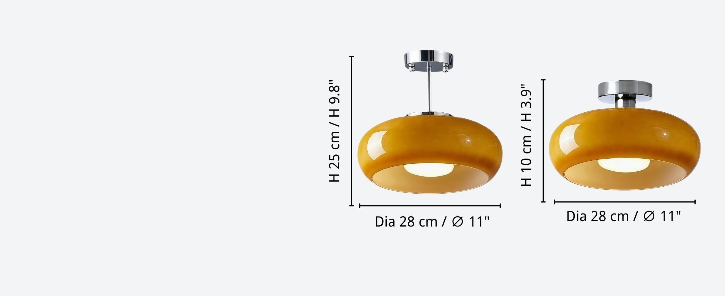Product size — Size: Dia 28 cm × H 25 cm / ∅ 11″ × H 9.8″ Size: Dia 28 cm × H 10 cm / ∅ 11″ × H 3.9″