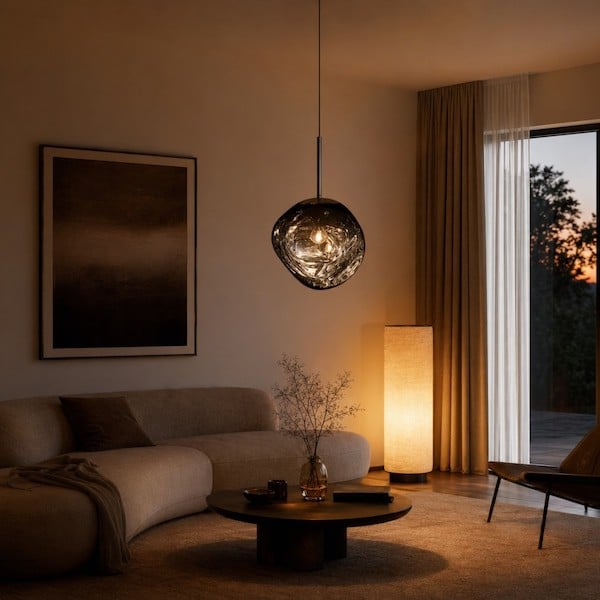 layered-living-room-lighting-with-sculptural-pendant