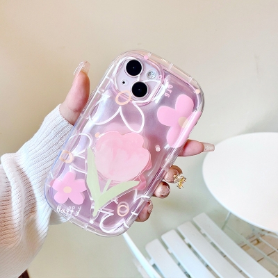 Pink flower drop-resistant soap shell suitable for iphone15 Apple 14 tulip bracket phone case protective cover