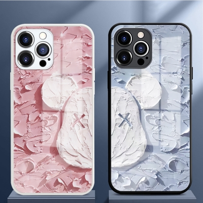 Oil painting bear head Apple 15 mobile phone case new 14Promax all-inclusive 13/12 couples 8Plus glass XR net red