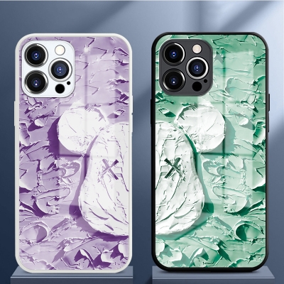 Oil painting bear head Apple 15 mobile phone case new 14Promax all-inclusive 13/12 couples 8Plus glass XR net red