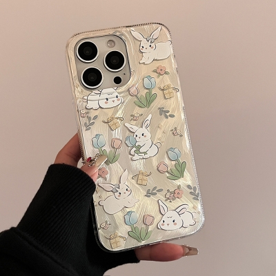 Laser Small Floral Rabbit Phone Case for 14 Apple 15promax Small Fresh iphone13 Feather Yarn Hard Shell