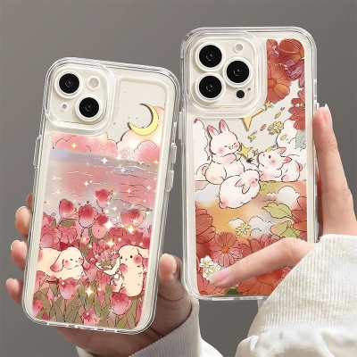 Cute Rabbit Flowers for iphone15pro Transparent Mobile Phone Case 13 Apple 14plus Drop-resistant 11/12