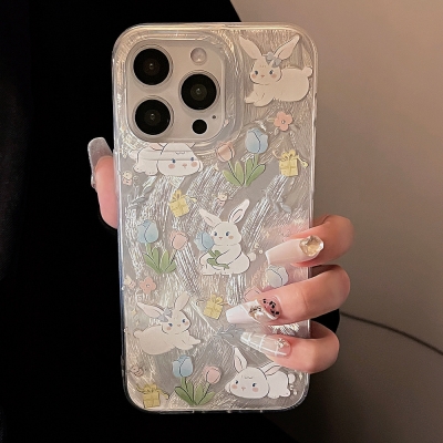Laser Small Floral Rabbit Phone Case for 14 Apple 15promax Small Fresh iphone13 Feather Yarn Hard Shell
