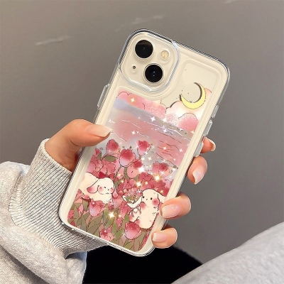 Cute Rabbit Flowers for iphone15pro Transparent Mobile Phone Case 13 Apple 14plus Drop-resistant 11/12