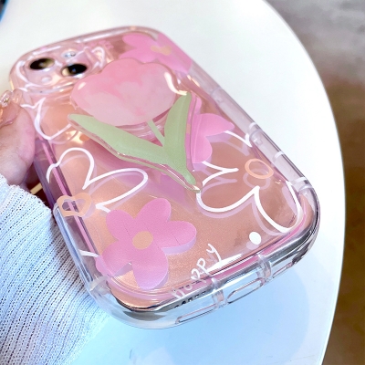 Pink flower drop-resistant soap shell suitable for iphone15 Apple 14 tulip bracket phone case protective cover