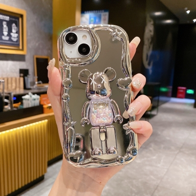Electroplated mirror for iPhone15pro mobile phone shell violent bear bracket Apple 13/14 drop-resistant soft case protection