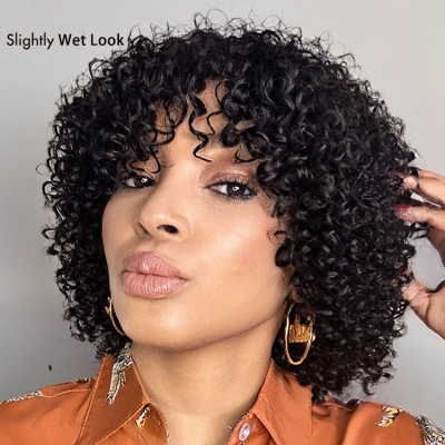 1 SEC INSTALL WIG | Shaggy Wolf Cut Throw On & Go Afro Curly Glueless Short Curly Wig with Bangs