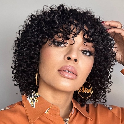 1 SEC INSTALL WIG | Shaggy Wolf Cut Throw On & Go Afro Curly Glueless Short Curly Wig with Bangs