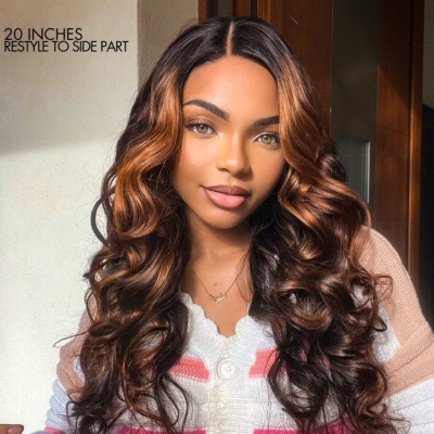 Elegant Copper Ombre Highlights Loose Body Wave / Silky Straight Glueless 5x5 Closure Lace Wig Breathable Cap