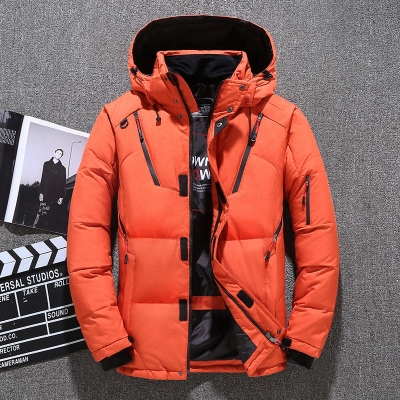 Men's Short Winter Thick White Down Hooded Jacket Multi-pocket Outdoor Set