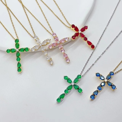 Micro Inlay Colorful Zircon Water Drops Cross Necklace: Symbol of Elegance and Faith