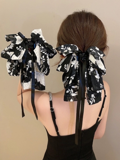 Retro Printed Bow Clip Women's High-Level Elegant Ribbon Hairpin Back of Head New Korean Style Hair Accessories