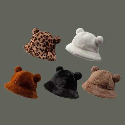 Japanese cute leopard ear plush fisherman hat female winter all-match student thickened fur ball warm basin hat trendy