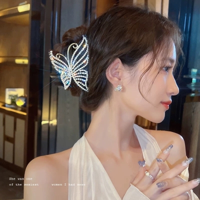 Dream Butterfly ~ High-quality pearl flash drill butterfly big catch clip female back head hairpin shark clip hair accessories summer