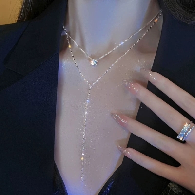 High-quality long Y-shaped tassel flash diamond necklace female niche light luxury double-layer sexy clavicle chain exquisite necklace trend