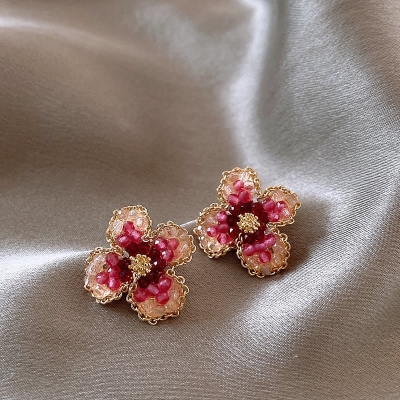 Pink flower earrings female niche design high-end sterling silver needle earrings new trendy light luxury ear accessories