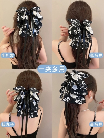 Retro Printed Bow Clip Women's High-Level Elegant Ribbon Hairpin Back of Head New Korean Style Hair Accessories
