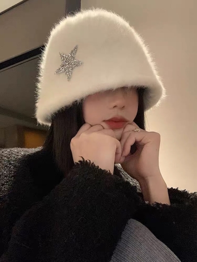 White rabbit fur fisherman hat for women in autumn and winter, Japanese-style face-showing small warm bucket hat, Korean style large head circumference plush hat