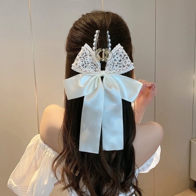 Super fairy pearl bow clip back of the head female summer mesh streamer hairpin large shark clip headdress new