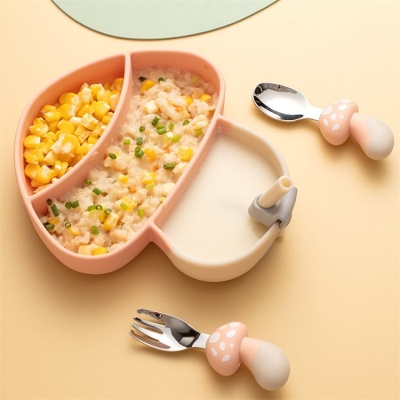 Mushroom Silicone 4 Pcs Tableware Set | Pink