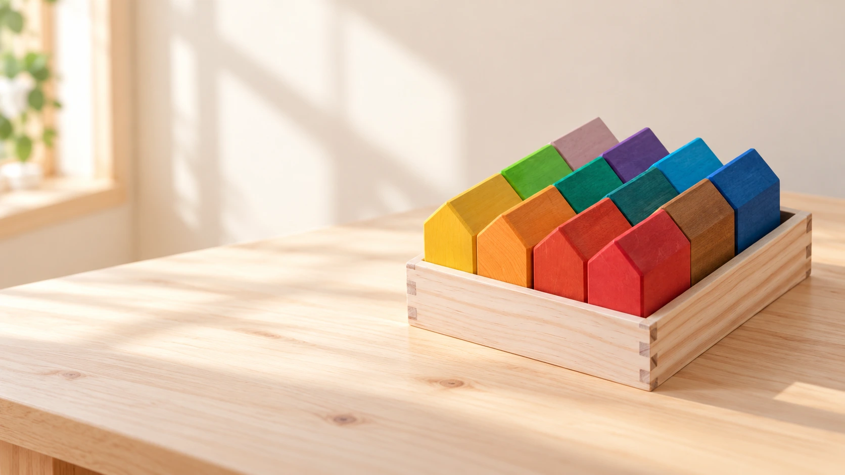 Rainbow House Blocks in their wooden tray on a play tableslider_item_1