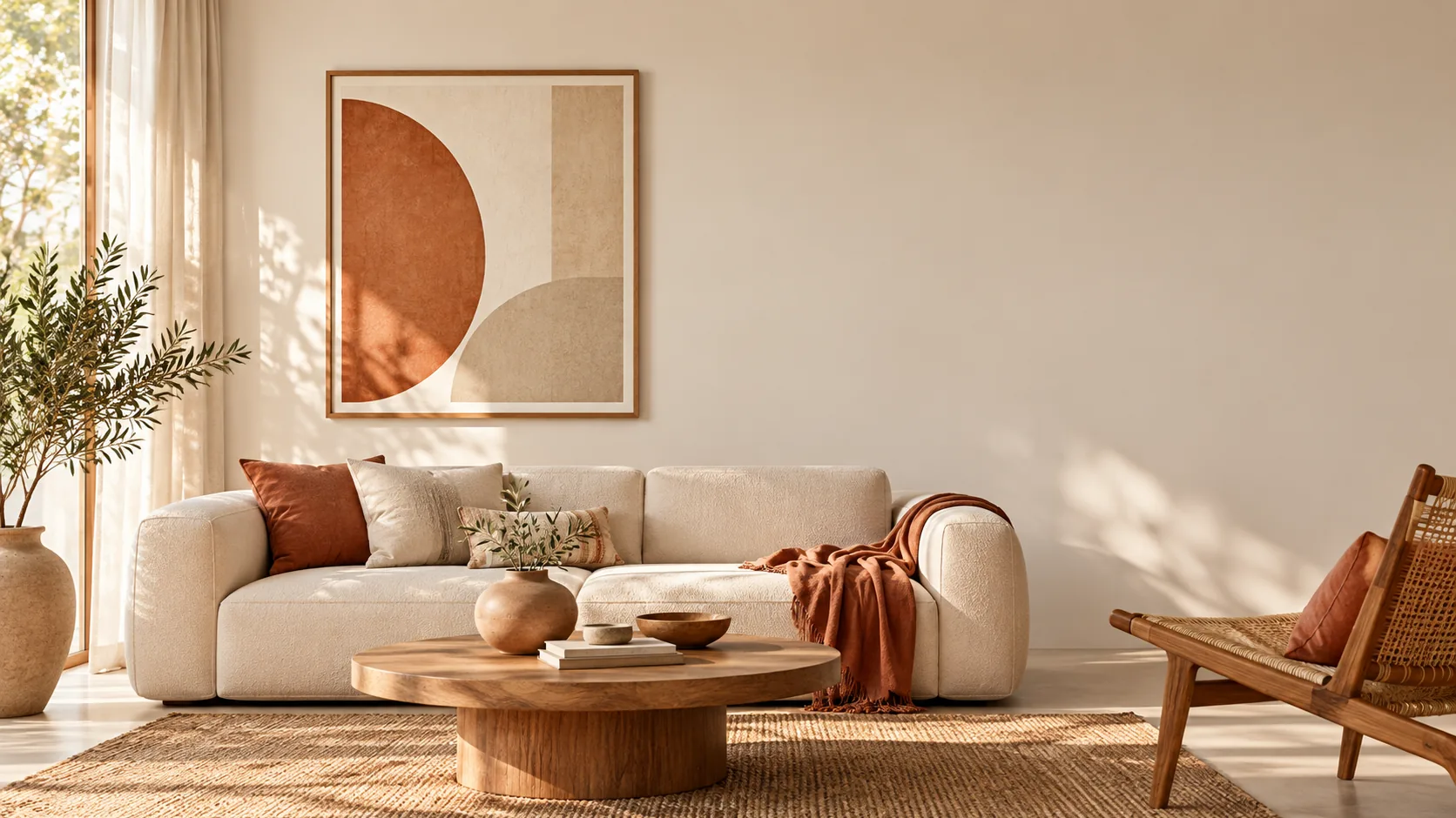 Room inspiration: warm neutral seating and geometric wall art