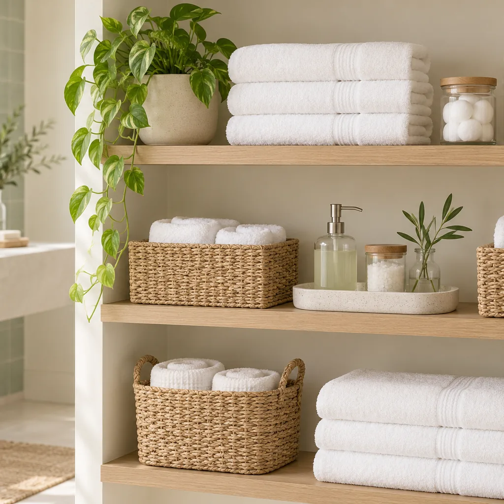 Bathroom inspiration: folded towels and baskets on open shelves