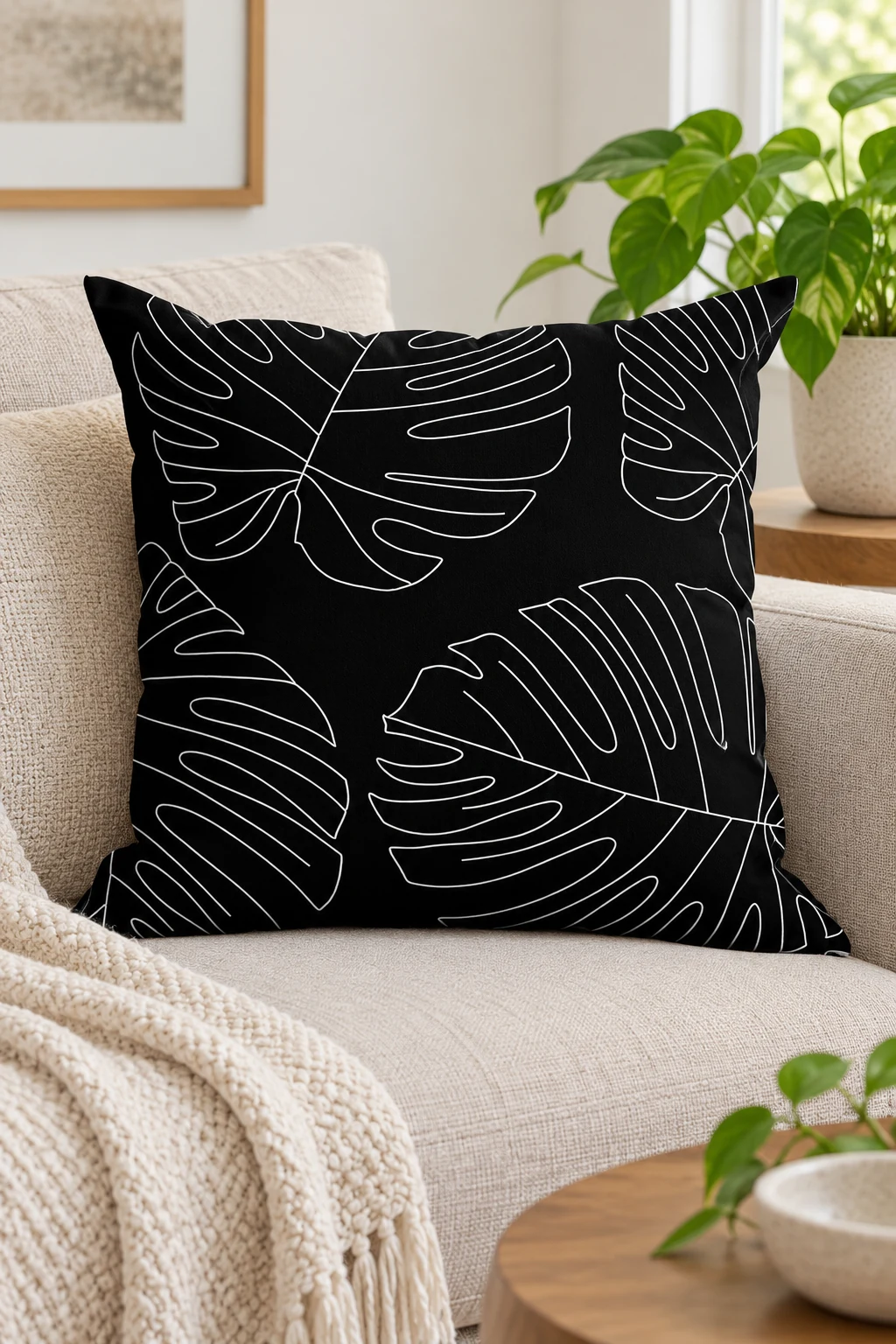 Monstera Plant Leaves Square Cushion Black