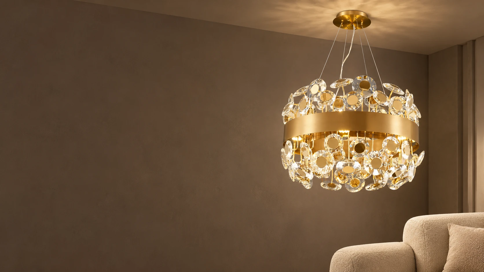 Gold MIRODEMI crystal chandelier in a taupe interiorhero_1