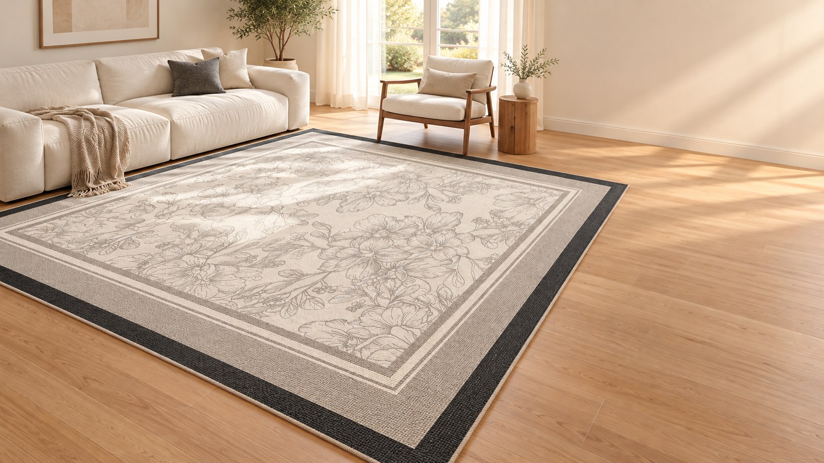 Teppich mit Blumenbordüre in einem eingerichteten Wohnzimmer