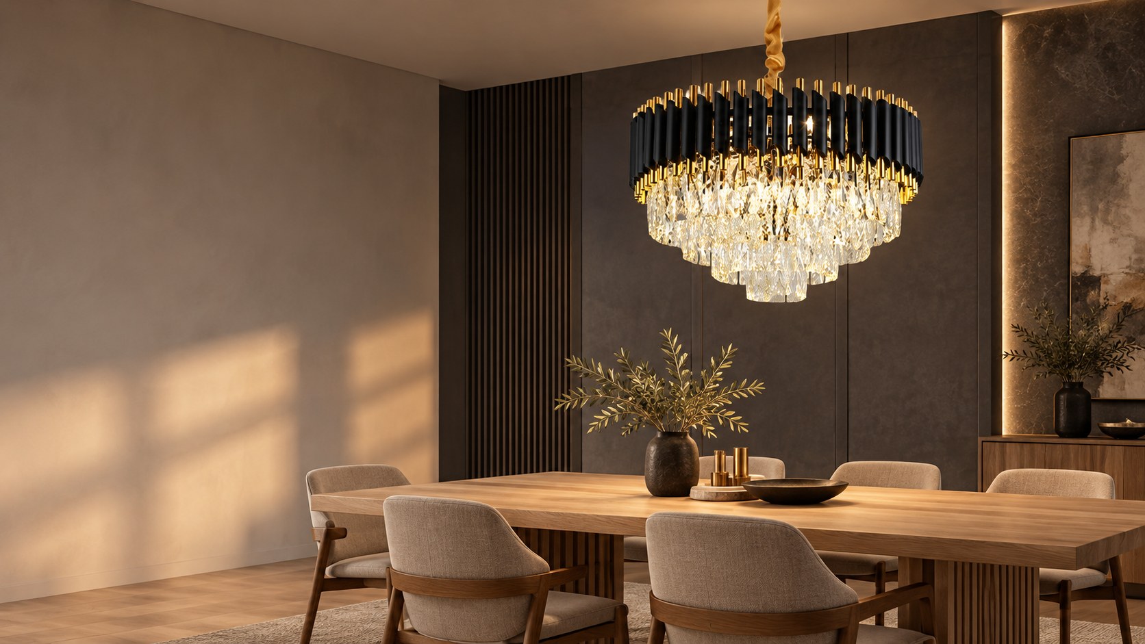 WC2U black and gold crystal chandelier in a contemporary dining roomslider_item_1